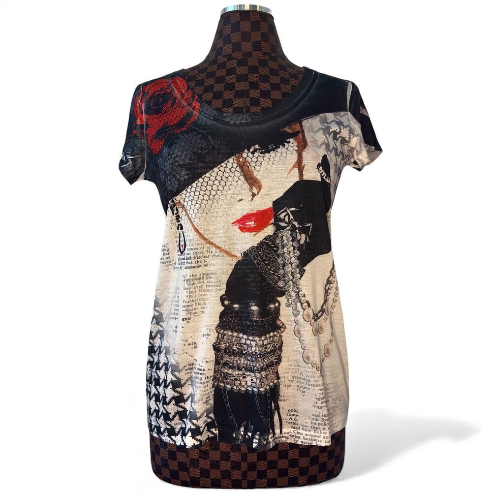 Vtg Y2K Cache AOP Graphic Tee Woman in Hat Size Medium Rhinestone Embellished - Picture 2 of 10